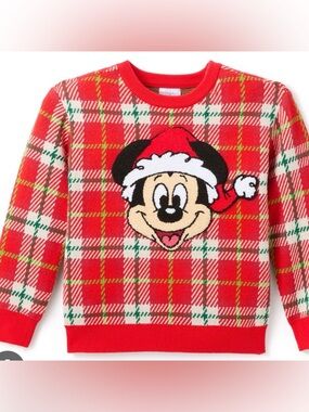 Disney Red Plaid Crewneck Sweater with Mickey Santa